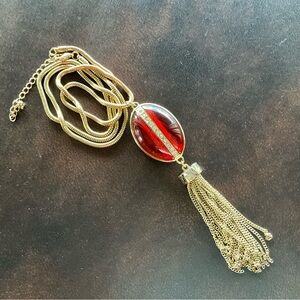 Vintage Gold Tone Snake Chain Red  Tassel Statement Necklace